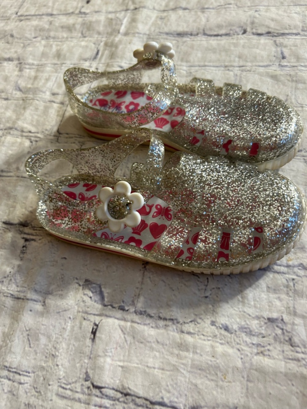 MINI BODEN JELLY GLITTER PINK DESIGNS FOOTBED FLOWER PETAL BUCKLE GIRLS 29/12